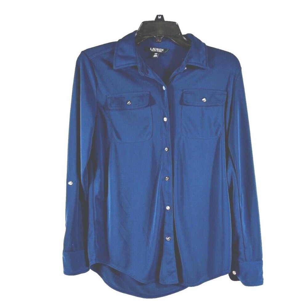 Lauren Ralph Lauren Long Sleeve Womens Shirt Blue Roll Swiss Tab Sleeve Small
